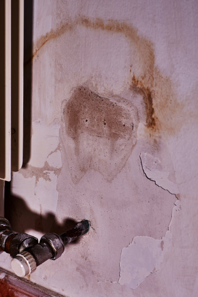 房屋墙壁上的湿气污迹是由供暖系统故障引起的。图片下载