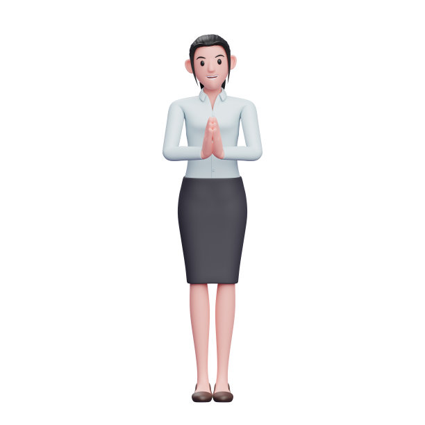 年轻女孩与合十礼姿势穿蓝色衬衫和黑色裙子，3D渲染的商业女性人物插图图片下载