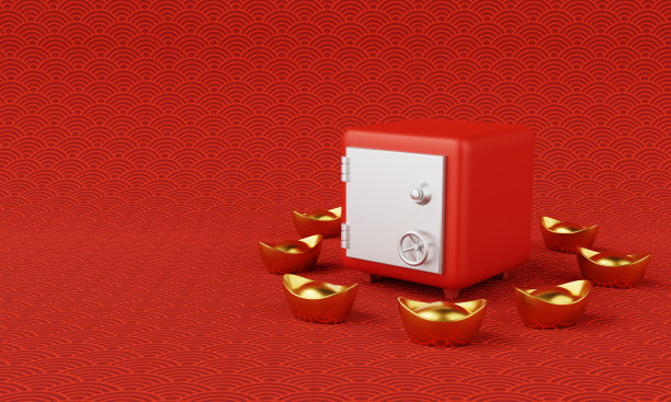 保险箱以中国金元宝和中国文化图案为背景。春节和钱保储蓄概念。3 d演示呈现图片下载