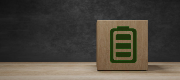 电池图标在木块背景，电池供应概念背景，节能概念三维插图图片下载