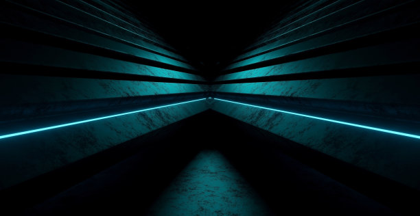 科幻霓虹灯发光线Cyber Blue绿色Turquoise Laser Lights在黑暗GrungeConcrete地下隧道走廊Studio Hangar 3D渲染玻璃板后面图片下载