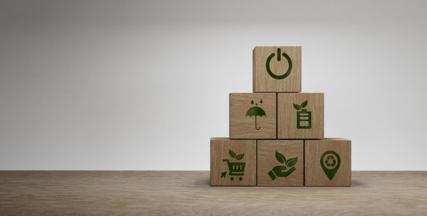 堆砌木质立方体，象征生态与环境的可持续发展。商业和环境可持续发展。气候变化问题3d渲染图片下载
