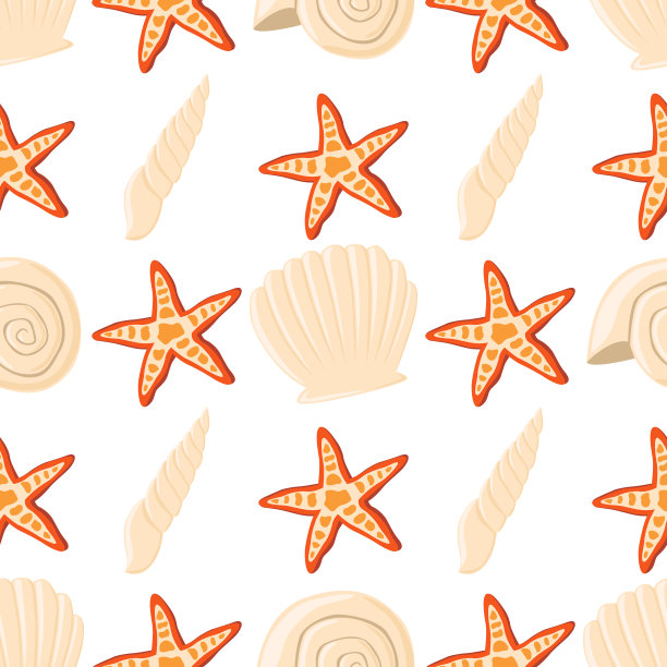 空海贝和海星矢量无缝模式背景。图片下载
