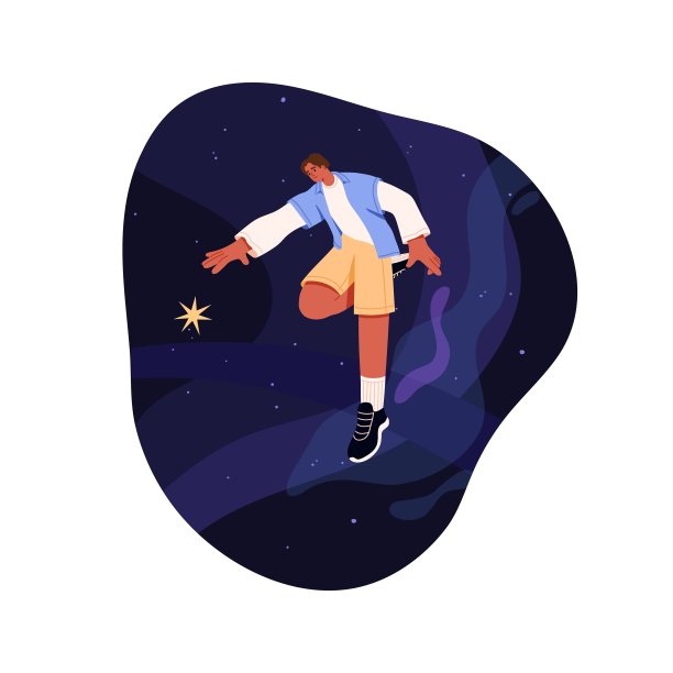 人在太空中。寻找灵感，灵感概念。人类梦想着，在宇宙中飞翔，寻找，探索，追求目标，漂浮在星系中。平面矢量插图孤立在白色背景图片下载