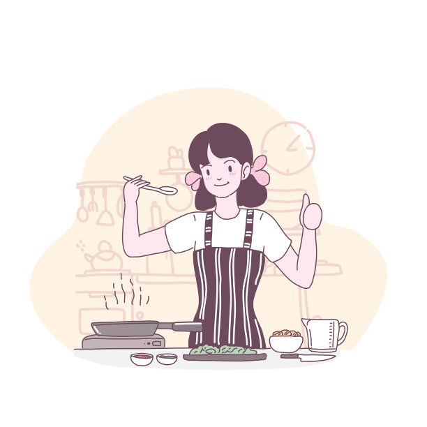 矢量平面插图与女孩谁在厨房做饭图片下载