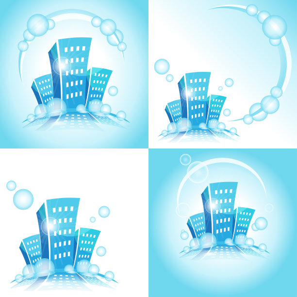 一套带有肥皂泡的城市插图。图片下载