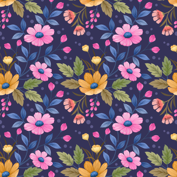 彩色手绘花朵上的蓝色无缝图案。图片下载