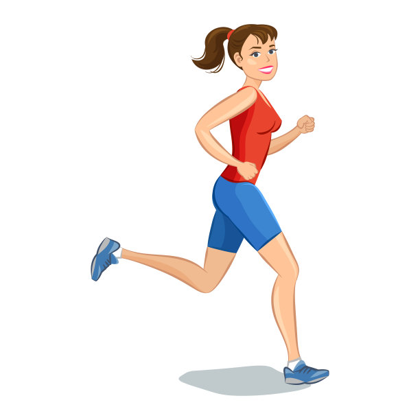 微笑的卡通女孩慢跑，美丽的跑步女人。矢量插图。图片下载