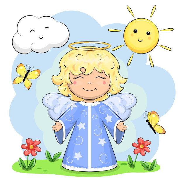 可爱的卡通天使。矢量插图与太阳，花朵和蝴蝶。图片下载