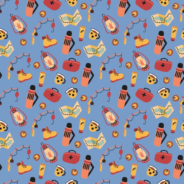 带有远足元素的无缝图案。画的风格。图片下载