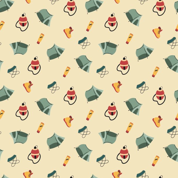 无缝图案与露营元素。设计面料，纺织品，壁纸包装。图片下载