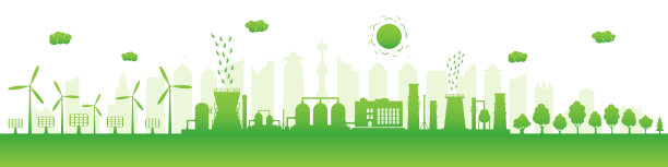 环境友好型生产。绿色能源，包括风能和太阳能板。绿色城市的剪影。认为绿色。矢量插图。图片下载