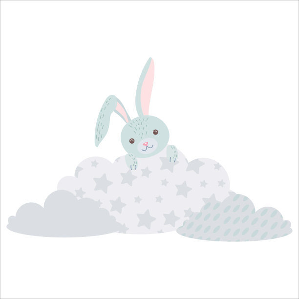 可爱的云兔。一只灰色的兔子藏在云里。气球和飞艇。儿童插图，可爱的印刷，矢量。孤立在白色背景上。图片下载