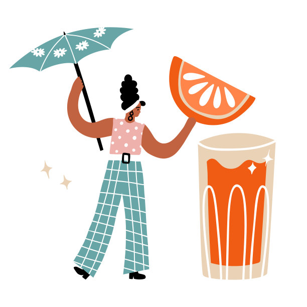 一个女人打着鸡尾酒纸遮阳伞，在盛满新鲜果汁、提神饮料或柠檬汁的杯子下放着一片巨大的橘子片。吃本地的，有机的，本土的和健康的饮食和纯素食的概念。图片下载