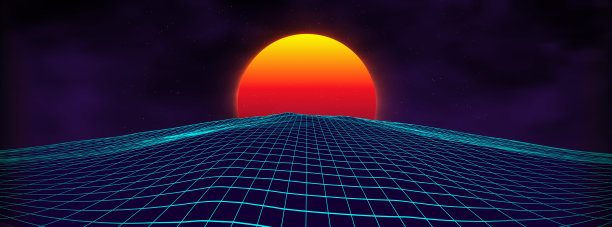 80年代背景复古景观。80年代的未来霓虹灯风格。网络表面。政党背景。复古80年代时尚科幻夏季景观背景图片下载