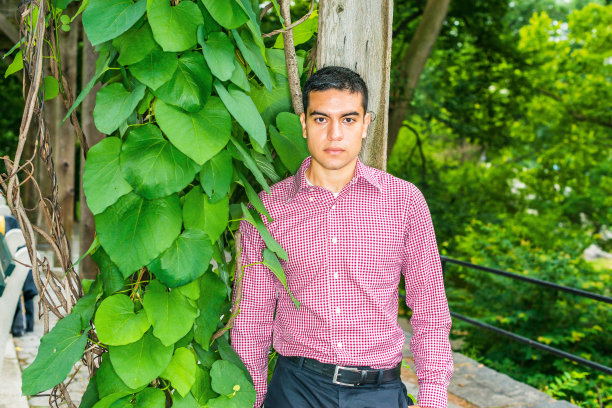 纽约，一个年轻人站在户外的绿叶旁图片下载