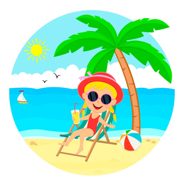 沙滩上可爱的卡通女孩图片下载
