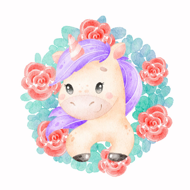 数字水彩。可爱的卡通独角兽插图。可爱的图片下载