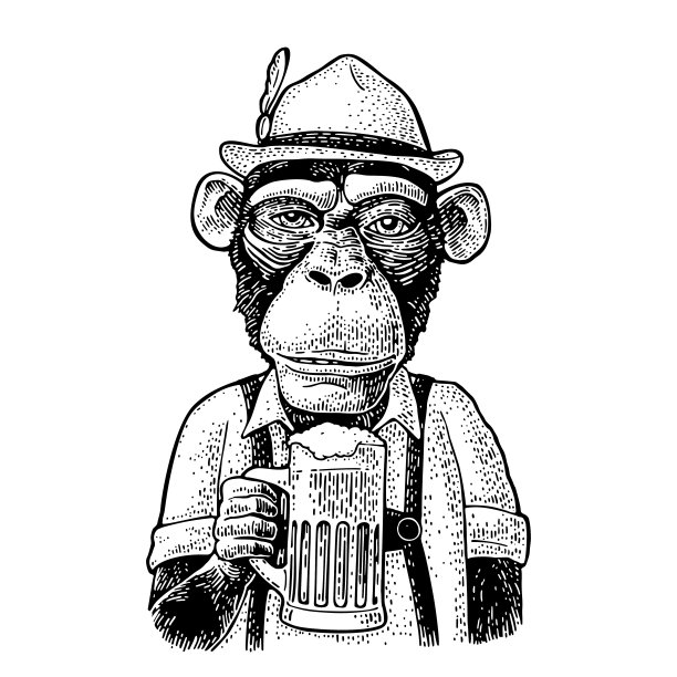这只猴子穿着巴伐利亚传统服饰，手持啤酒杯。复古黑色矢量雕刻图片下载