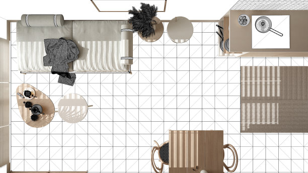 舒适的木制厨房，客厅的木桌，室内设计理念，黑色墨水素描蓝图背景，定制家具项目草图，俯视图，平面图，上面图片下载