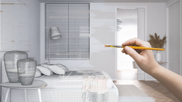 蓝图项目草案，极简卧室草图，手绘室内细节，设计概念，枕头和毯子，拼花，床头柜，拼花，定制家具图片下载