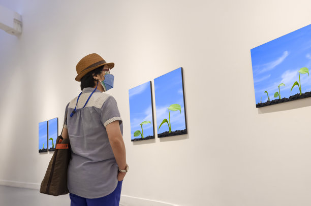 在艺术画廊的白墙上看幼苗发芽顺序的照片的时髦女人的侧视图，墙上的照片是我的作品图片下载