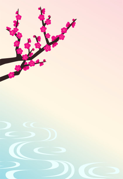 美丽的流水图案和红梅插图。垂直类型。图片下载