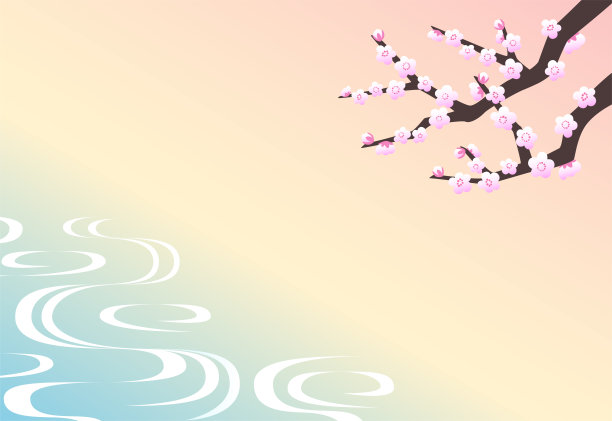 美丽的流水图案和粉红色的梅花插图。卧式。图片下载