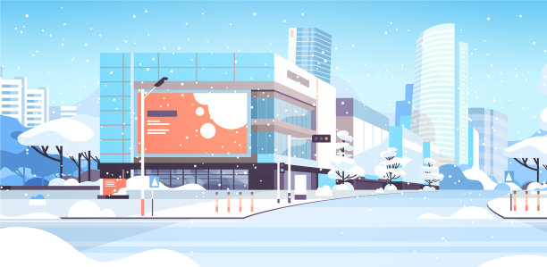 冬天的城市雪皑皑的市中心街道摩天大楼图片下载