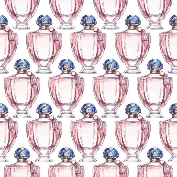 香水瓶无缝图案，水彩插图。图片下载