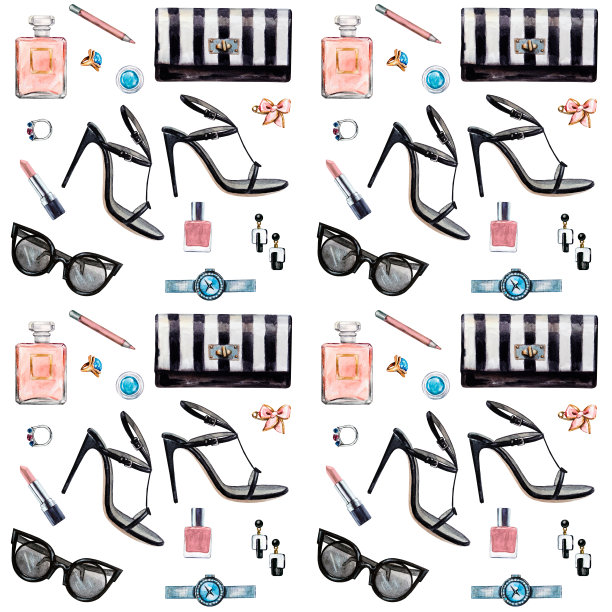 无缝水彩图案与各种女性配件。高跟鞋，香水，口红，耳环，戒指，指甲油，手表。手绘配件。图片下载