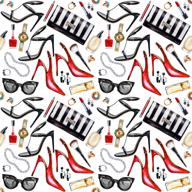 无缝水彩图案与各种女性配件。高跟鞋、香水、口红、耳环、戒指、指甲油、手表、太阳镜。手绘配件。图片下载