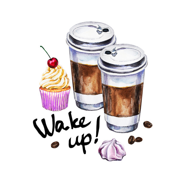 水彩插图与一次性杯咖啡，纸杯蛋糕，蛋白霜和咖啡豆。手绘插图。图片下载
