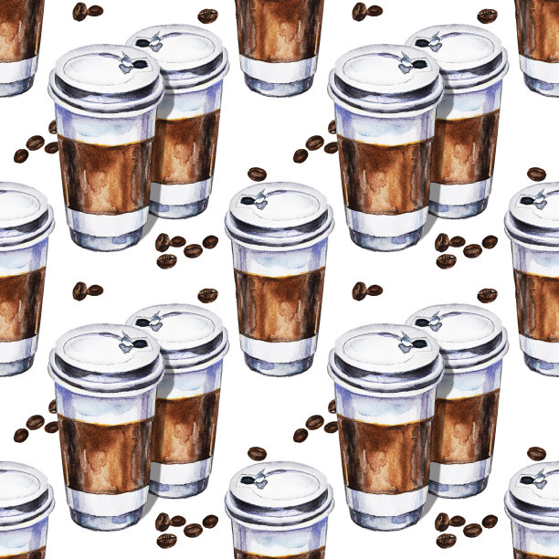 水彩无缝图案与两个一次性杯咖啡和咖啡豆。手绘插图。图片下载