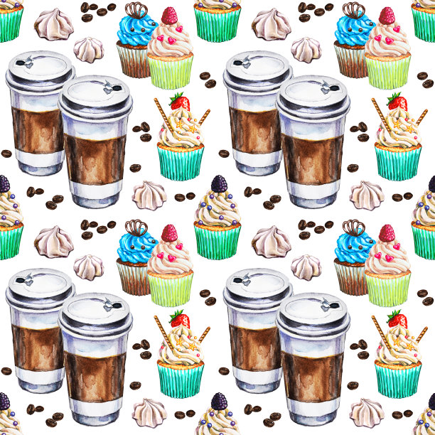 水彩无缝图案与一次性杯咖啡，纸杯蛋糕，蛋白霜和咖啡豆。手绘插图。图片下载