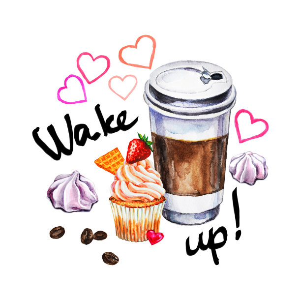 水彩插图与一次性杯咖啡，纸杯蛋糕，蛋白霜和咖啡豆。手绘插图。图片下载