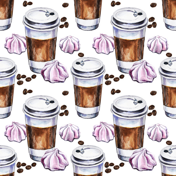 水彩无缝图案与一次性杯咖啡，蛋白霜和咖啡豆。手绘插图。图片下载