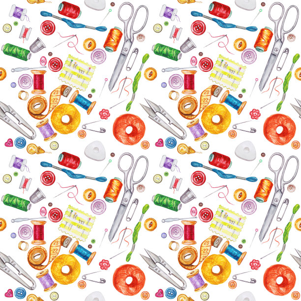 无缝水彩图案的各种缝制工具。缝纫用具、配件及设备。刺绣的工具。剪刀，纽扣，线轴和针。图片下载