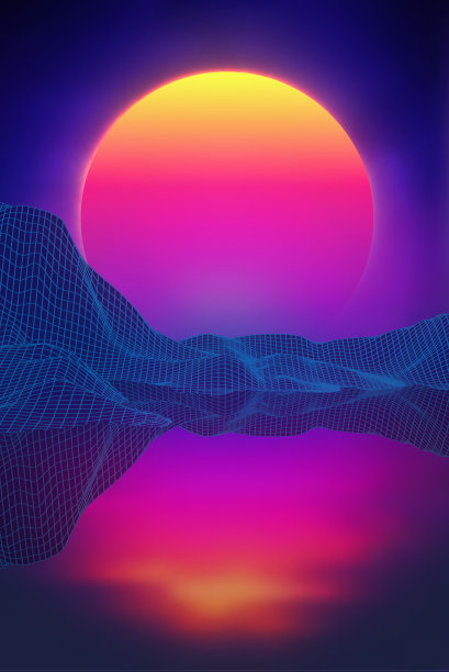 复古背景的未来主义景观80年代风格。数字复古景观网络表面。复古音乐专辑封面模板太阳，空间，山脉。80年代复古科幻背景夏季景观图片下载