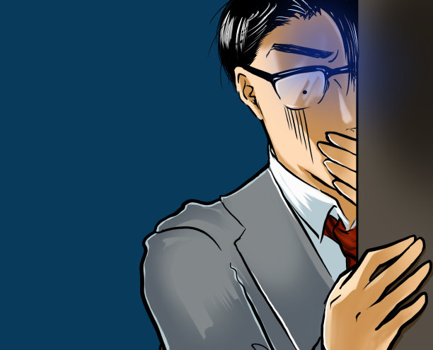 一个英俊的戴眼镜的办公室职员的卡通插图，他发现了公司的秘密，并通过墙上的裂缝目睹了它。图片下载