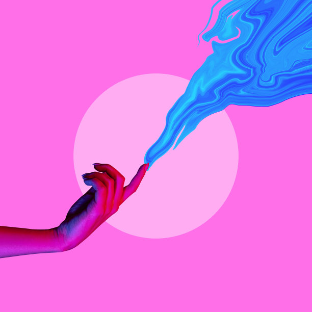 女性手触摸蓝色波洋红色背景。现代设计，当代艺术拼贴。灵感，创意，时尚都市杂志风格。图片下载