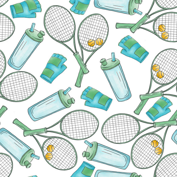 以运动为主题的无缝图案搭配简单嘟嘟、插图、球拍、连指手套、水罐图片下载
