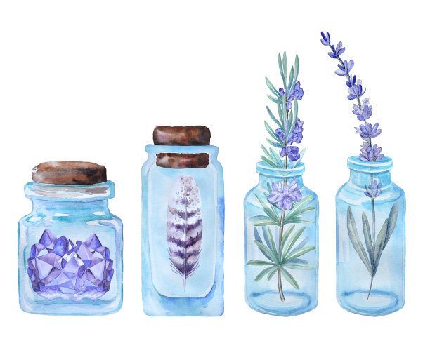 水彩组合与玻璃瓶，草药，水晶和羽毛。图片下载