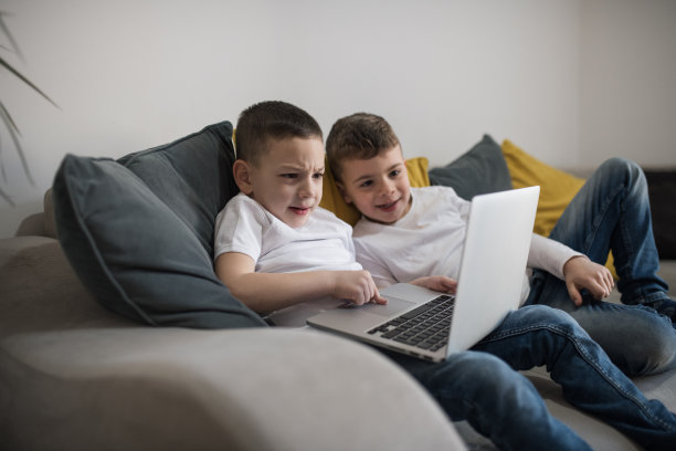 两个孩子在家里用笔记本电脑图片下载