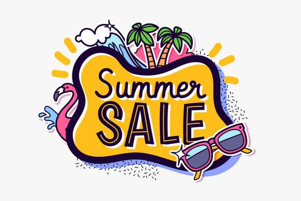 夏季销售横幅设计卡通风格。在棕榈树，火烈鸟和海浪的抽象背景上刻字。热带的背景。为您的季节设计的促销徽章。矢量图图片下载