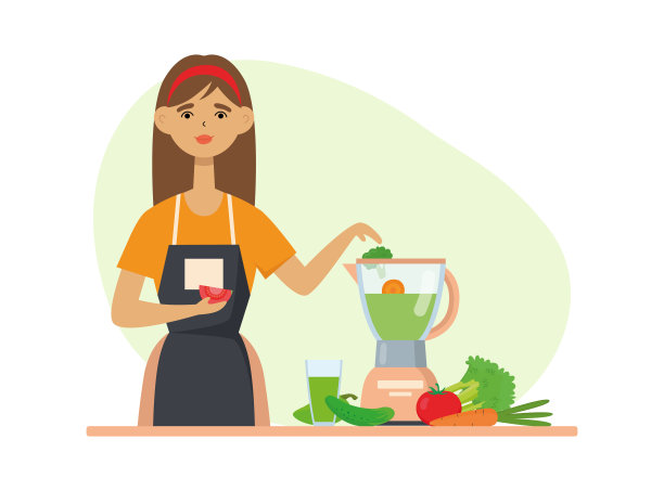 年轻有趣的女人用搅拌器把不同的蔬菜搅拌成奶昔。健康生活方式的概念。向量图片下载
