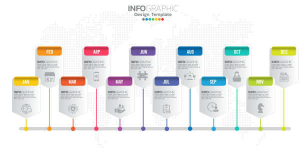 1年12个月的时间轴信息图表，用于商业概念，12个选项，步骤和过程。图片下载