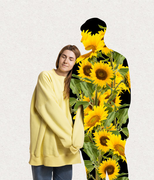 当代艺术拼贴。女人温柔地靠在男人的剪影充满了鲜花孤立在灰色的背景。向日葵图片下载