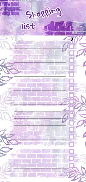 水彩可爱购物清单。水彩紫罗兰和灰色的叶子和砖墙元素在白色的背景图片下载
