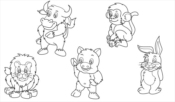 可爱设计动物轮廓向量集39(兔子，猴子，狮子，猪，水牛)图片下载